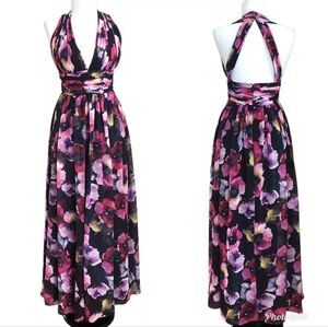 Aidan Mattox Floral Sheer Cottagecore Maxi Dress 10 Open Back Fairy Colorful